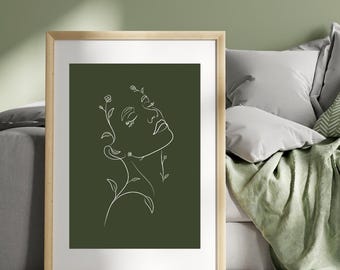 Minimalistyczny kwiatowy wydruk artystyczny, ilustracja kobiecej twarzy, nowoczesna dekoracja ścienna, rysunek kwiatowej twarzy, sztuka portretowa, minimalistyczny tatuaż, wzrost
