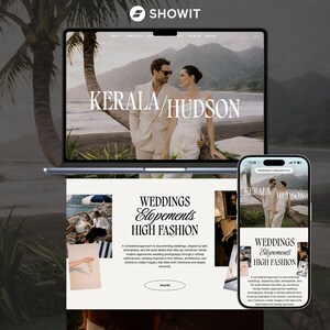 May include: A laptop and smartphone display a website with the text "KERALA / HUDSON" and "WEDDINGS Elopements HIGH FASHION." The website features images of a couple and wedding-related content. The Showit logo is visible at the top.