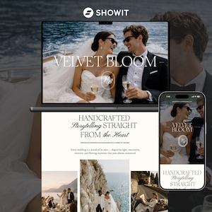 May include: A website design for a wedding photography business, featuring the text "VELVET BLOOM" and "HANDCRAFTED Storytelling STRAIGHT FROM the Heart." The design includes images of a couple, a laptop, and a smartphone.