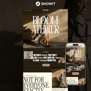 May include: A website design mockup for "BLOOM ATELIER", displayed on a desktop and a mobile phone. The design uses a minimalist style with a neutral colour scheme. Text includes "WE BUILD Brands THAT DON'T FOLLOW Trends, THEY OWN THE Moment & LEAVE Nothing FORGOTTEN."