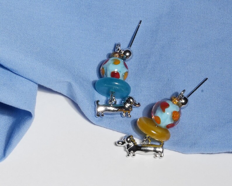 Cute Dachshund Dangle & Drop Earrings with Colorful Glass Beads, Gift for Her, Unique Gift image 3