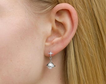 Bead Pearl Planet with Starburst Stud Earrings in Sterling Silver, Bead Pearl Saturn Earrings, Planet Earrings, Gift for Her
