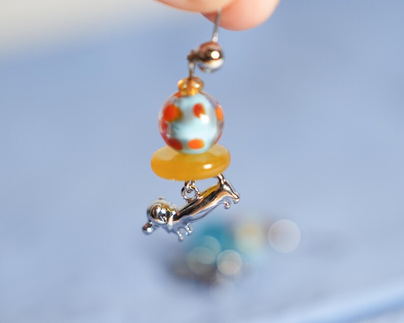 Cute Dachshund Dangle & Drop Earrings with Colorful Glass Beads, Gift for Her, Unique Gift image 2