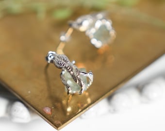 Fluorite blue-green Sterling Silver Bird Stud Earrings, Tumbled Natural Stone, Nature-inspired Jewelry, Gift for Her