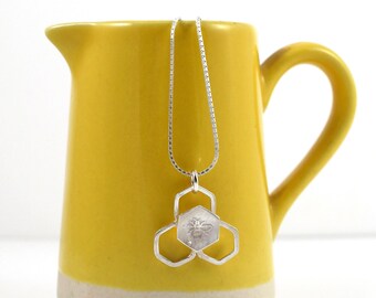 Etched Sterling Silver Bee Honeycomb Pendant - Manchester Bee Necklace