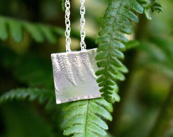 SALE!! Sterling Silver Fern Fronds Pendant | Etched Silver Square Pendant | Handmade Botanical Necklace | Fern Leaves Pendant