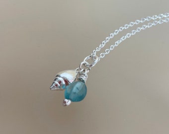 Sterling Silver and Apatite Conch Shell Necklace / Silver Shell Necklace / Seascape Pendant / Apatite Blue and Silver Necklace