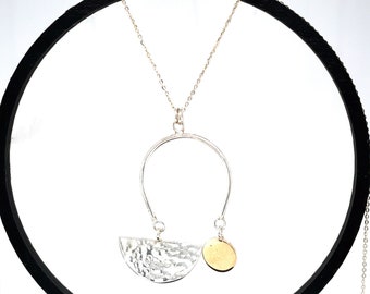 Sterling Silver & 9k Gold Mobile Pendant Necklace: Modernist Kinetic Jewelry