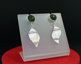 Nephrite Jade Earrings: Etched Silver Dangle Drops