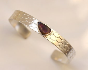 Etched Silver Cuff Bangle: Watermelon Tourmaline Pebble Design