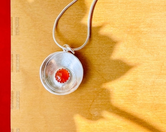 Carnelian Silver Pendant Necklace | Silver Spiral Necklace | Etched Silver Fibonacci Necklace | Orange and Silver Pendant