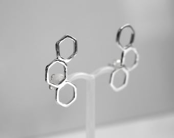 Sterling Silver Honeycomb Ear Climber Studs | Silver Hexagon Stud Earrings