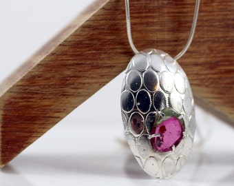 Sterling Silver and Watermelon Tourmaline Pebble Pendant | Etched Silver Pattern Pendant | Handmade OOAK unique