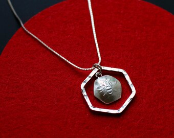 Sterling Silver Honeycomb Bee Pendant: Manchester Bee Necklace