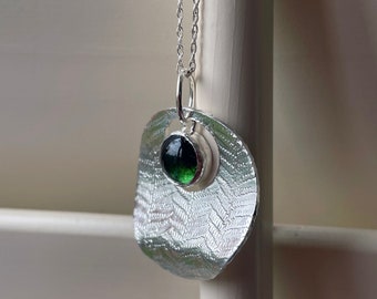 Green Tourmaline and Silver Fern Pendant | Etched Silver Fern Pendant | Green and Silver Necklace | Tourmaline Necklace