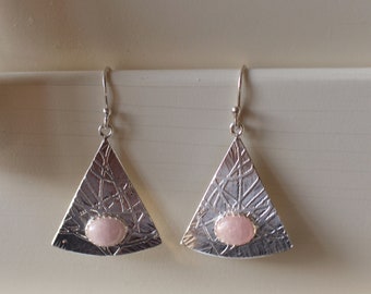 Etched Sterling Silver Kunzite Triangle Dangle Earrings