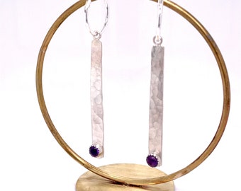 SALE!! Sterling Silver and Amethyst Hoop Drop Earrings | Beaten Silver Earrings | Purple & Silver Hoops