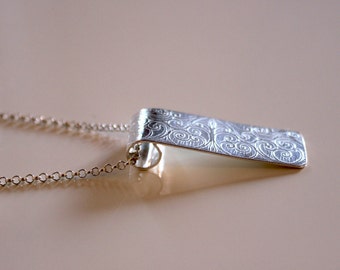 Vintage Scroll long drop Sterling Silver Pendant | Etched Silver Pendant