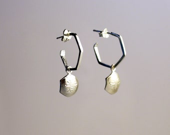 Manchester Bee Hexagon Earrings - Etched sterling silver Hoop stud drops