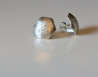 Etched Sterling Silver Bee Studs: Honeycomb Hexagon Earrings