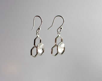 Sterling Silver Bee Dangle Earrings: Etched Honeycomb Jewelry