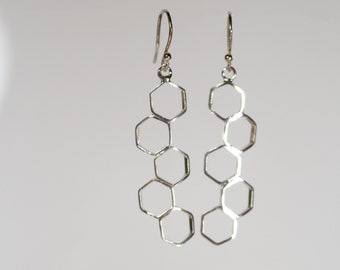 Sterling Silver Honeycomb Drop Earrings | Bee Inspired Jewellery | Silver Hexagon Drops