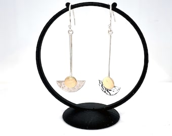 Siga Silver & 9k Gold Pendulum Earrings | Summer Solstice Drops | Silver Gold Modernist Earrings | Minimalist Silver and Gold Drop Earrings