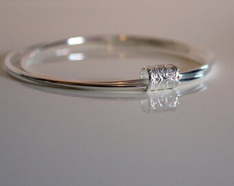 Sterling Silver Bangle Set: Scrollwork Fidget Charm, Etched Design