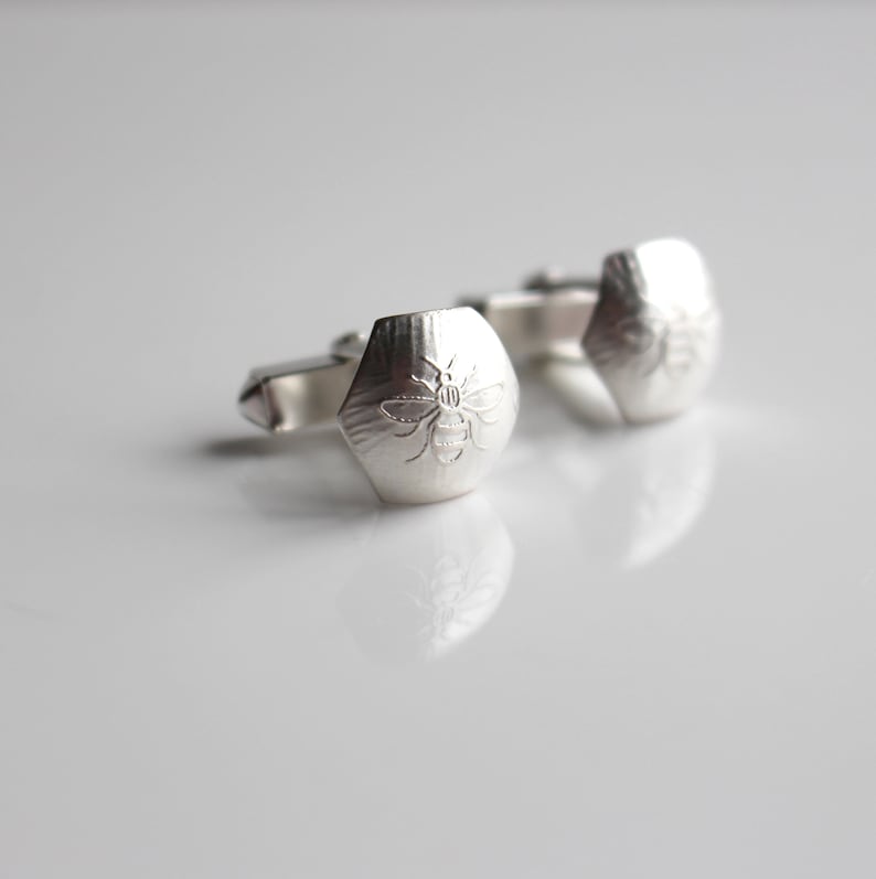 Sterling Silver etched Manchester Bee Mens Cufflinks Silver Bee Cufflinks image 5