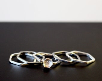 Hexagon Bee Sterling Silver Stacking Rings  | Honeycomb Ring Set | Manchester Bee Ring