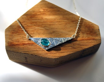 Apatite Triangle Necklace | Blue Apatite Etched Silver Necklace | Silver Triangle Necklace