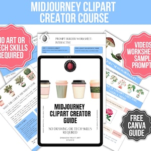 Puede incluir: Un anuncio de un curso de creación de imágenes prediseñadas de Midjourney. La imagen presenta una tableta que muestra una guía con ilustraciones de tazas de café. Los materiales que lo acompañan incluyen hojas de trabajo, ejemplos de indicaciones y una guía gratuita de Canva. El texto incluye "No se requieren habilidades artísticas ni técnicas."