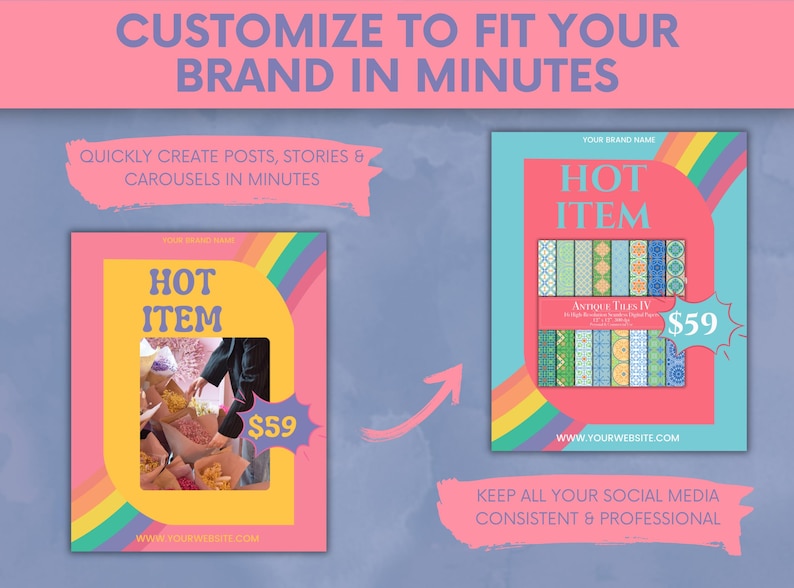 Content categories covered in the templates such as tips, promotions, testimonials, and announcements, using colorful visual icons.
