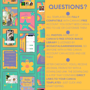 Step-by-step how it works graphic showing how to access and edit the Canva templates, from purchase to posting on Instagram.