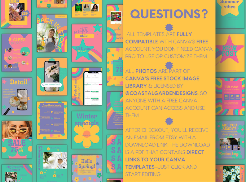 Step-by-step how it works graphic showing how to access and edit the Canva templates, from purchase to posting on Instagram.