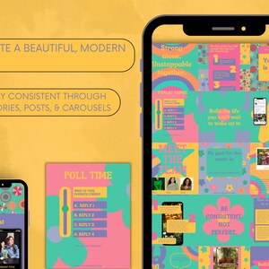 Bright, cheerful Instagram feed mockup using templates from the bundle, showing how the designs look live on a mobile profile grid.