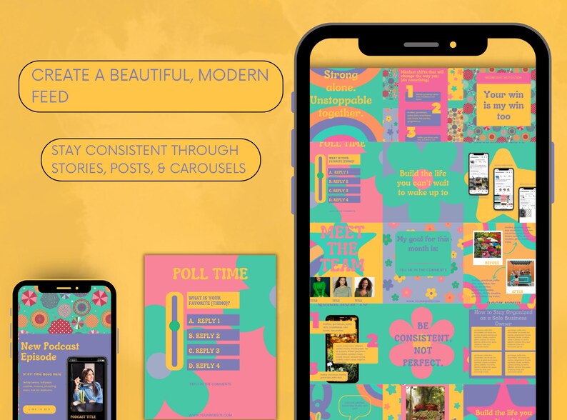 Bright, cheerful Instagram feed mockup using templates from the bundle, showing how the designs look live on a mobile profile grid.