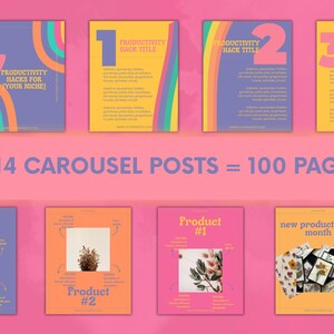 100-page carousel post templates with storytelling layouts in bright colors, designed for engagement and easy customization in Canva.