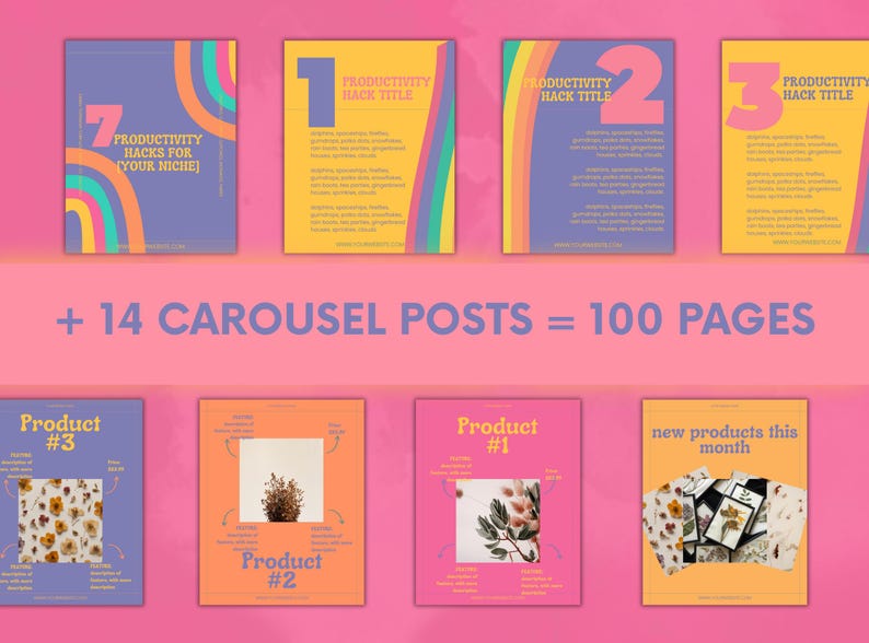 100-page carousel post templates with storytelling layouts in bright colors, designed for engagement and easy customization in Canva.