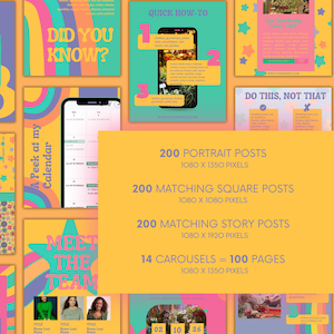 Breakdown of what's included in the 700-template bundle with mockups of post sizes, carousel pages, and real photo examples.