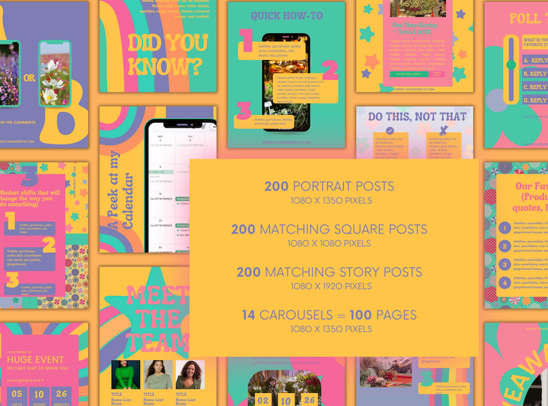 Breakdown of what's included in the 700-template bundle with mockups of post sizes, carousel pages, and real photo examples.