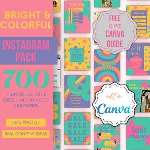 Puede incluir: Un vibrante pack de Instagram con un diseño rosa, turquesa y amarillo. La imagen presenta el texto "BRIGHT & COLORFUL INSTAGRAM PACK 700" con varias plantillas, incluyendo "FREE 60-PAGE CANVA GUIDE" y "edit in Canva".