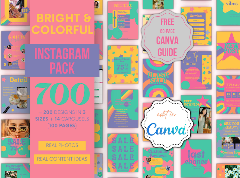 Puede incluir: Un vibrante pack de Instagram con un dise&ntilde;o rosa, turquesa y amarillo. La imagen presenta el texto "BRIGHT & COLORFUL INSTAGRAM PACK 700" con varias plantillas, incluyendo "FREE 60-PAGE CANVA GUIDE" y "edit in Canva".