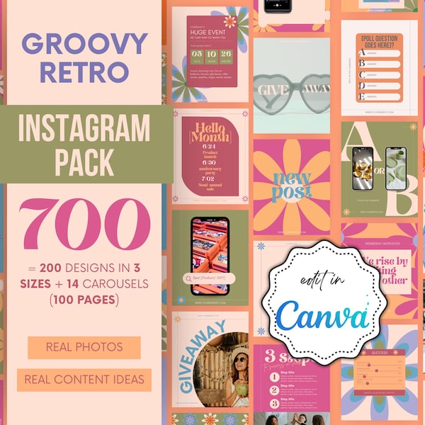 Modelli Instagram retrò alla moda: kit di post IG Canva anni '70 per piccole imprese e venditori Etsy, post IG pronti all'uso, modificabili in Canva
