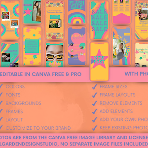 Close-up of Instagram post templates with bright pink, orange, yellow, and teal accents, including real photo-based content prompts editable in Canva.