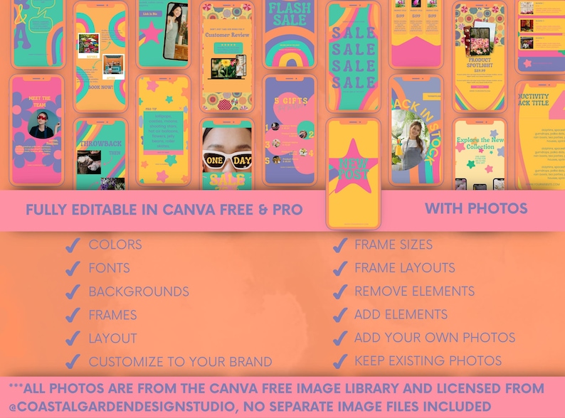Close-up of Instagram post templates with bright pink, orange, yellow, and teal accents, including real photo-based content prompts editable in Canva.