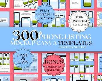 Canva Vorlagen für Telefonlisten für Etsy-Verkäufer: Über 300 Etsy-Produktlayouts, Telefonbildschirm-Mockups, die in Canva für Listen bearbeitet werden können