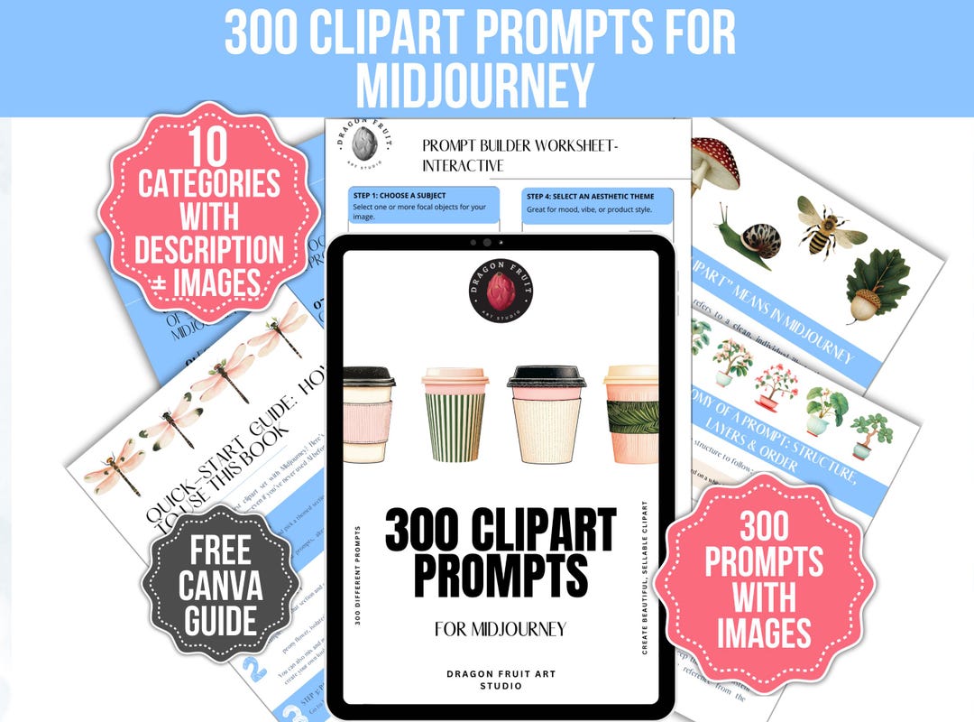 300 Midjourney Prompts for Clipart, AI Art Prompt Book, Digital Artists ...