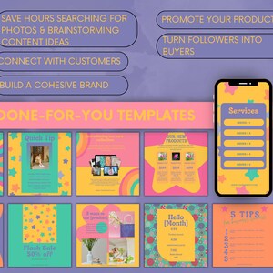 Bright and colorful Instagram templates displayed in a rainbow grid, showcasing bold fonts, cheerful colors, and modern layout designs for small businesses and creatives.