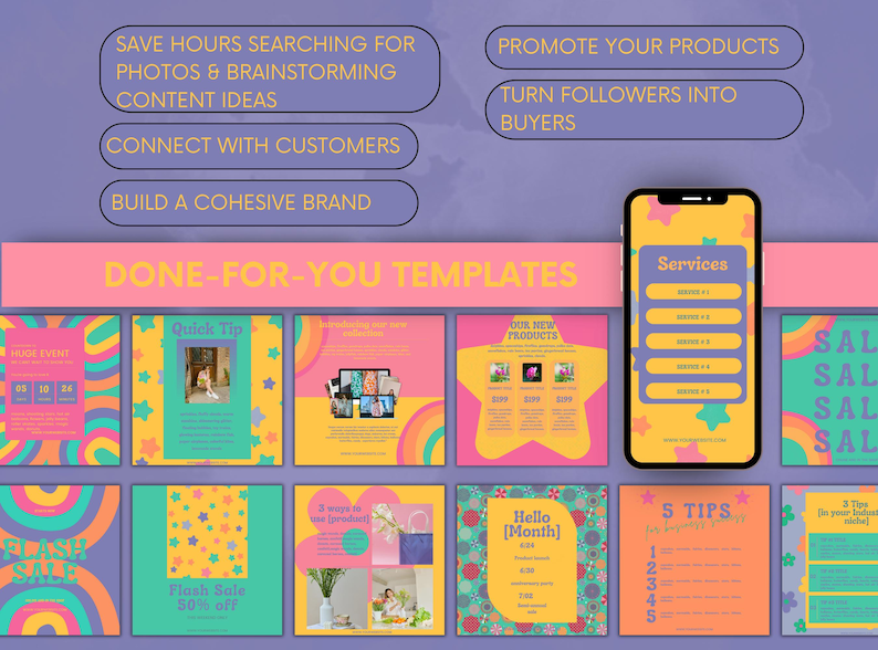 Bright and colorful Instagram templates displayed in a rainbow grid, showcasing bold fonts, cheerful colors, and modern layout designs for small businesses and creatives.